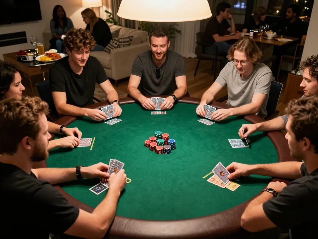 Players engaging in an intense poker game at home, highlighting strategic moments and social interaction at https://go8.onl/