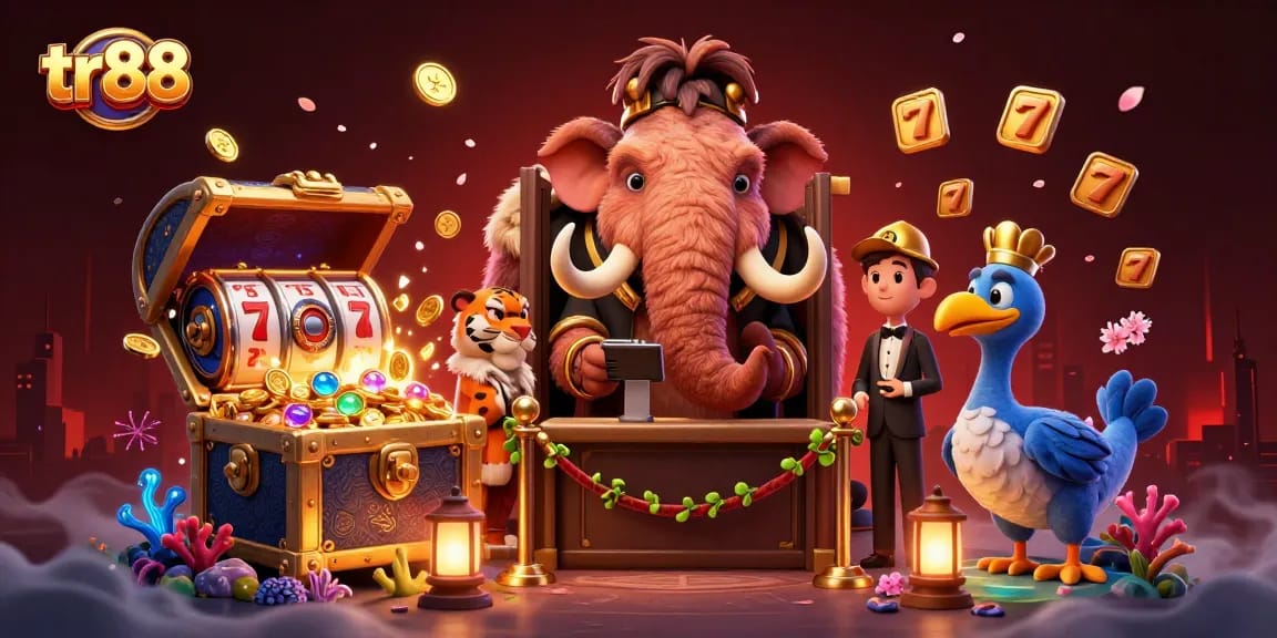 Experience the exciting world of tr88 casino with a vibrant 3D illustration of a woolly mammoth bouncer and slot reels.