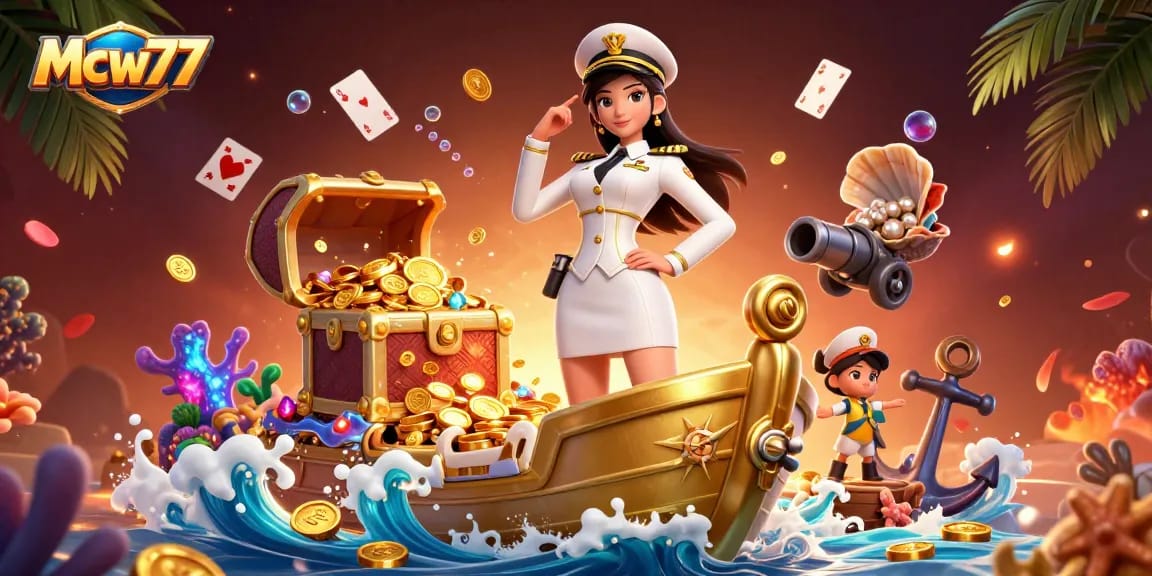 Spin and win at Mcw77 with vibrant casino-themed illustration featuring a majestic scene with gold and treasures.