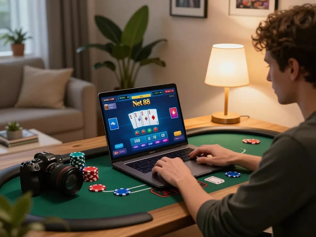 Engaging online player using Net 88 platform at modern desk with poker game on screen.