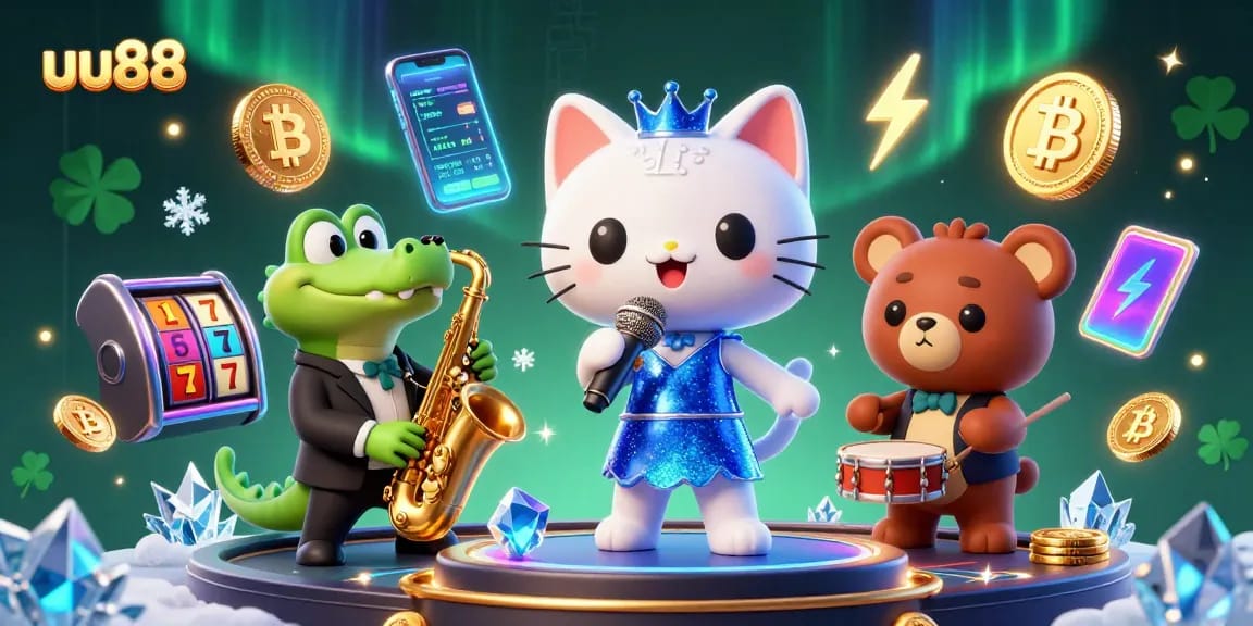 Spin big wins at uu88's vibrant casino scene with exciting characters and glowing crypto elements.