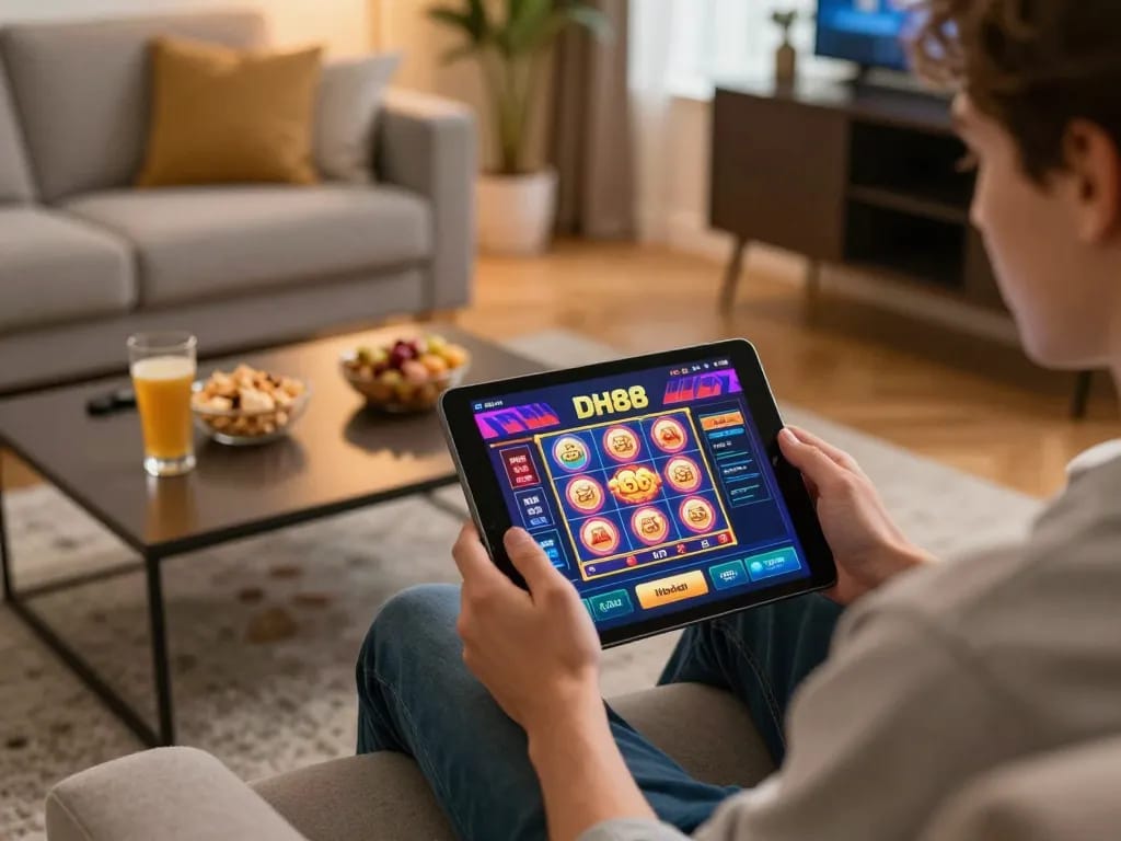 Player enjoys online DH88 casino gaming on tablet, surrounded by cozy home atmosphere