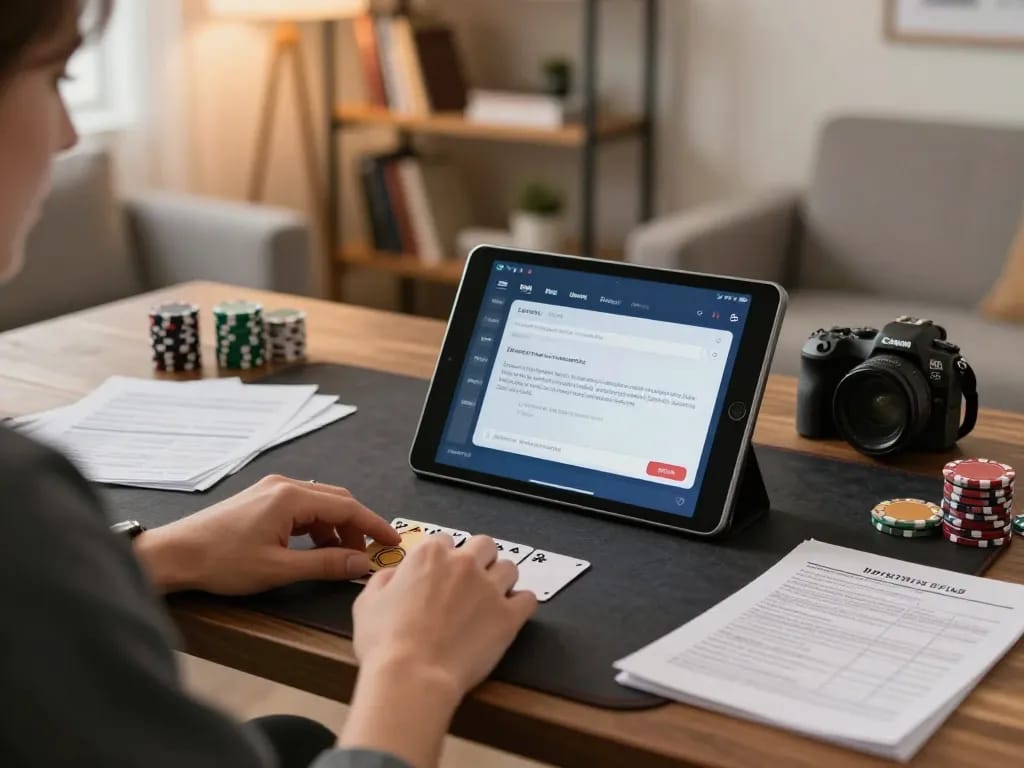 vic88 player engaging in online poker game using tablet while managing bankroll strategy notes