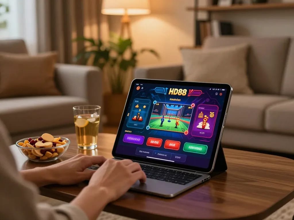Engaging player using nhà cái HD88's online casino app in a cozy living room setting.