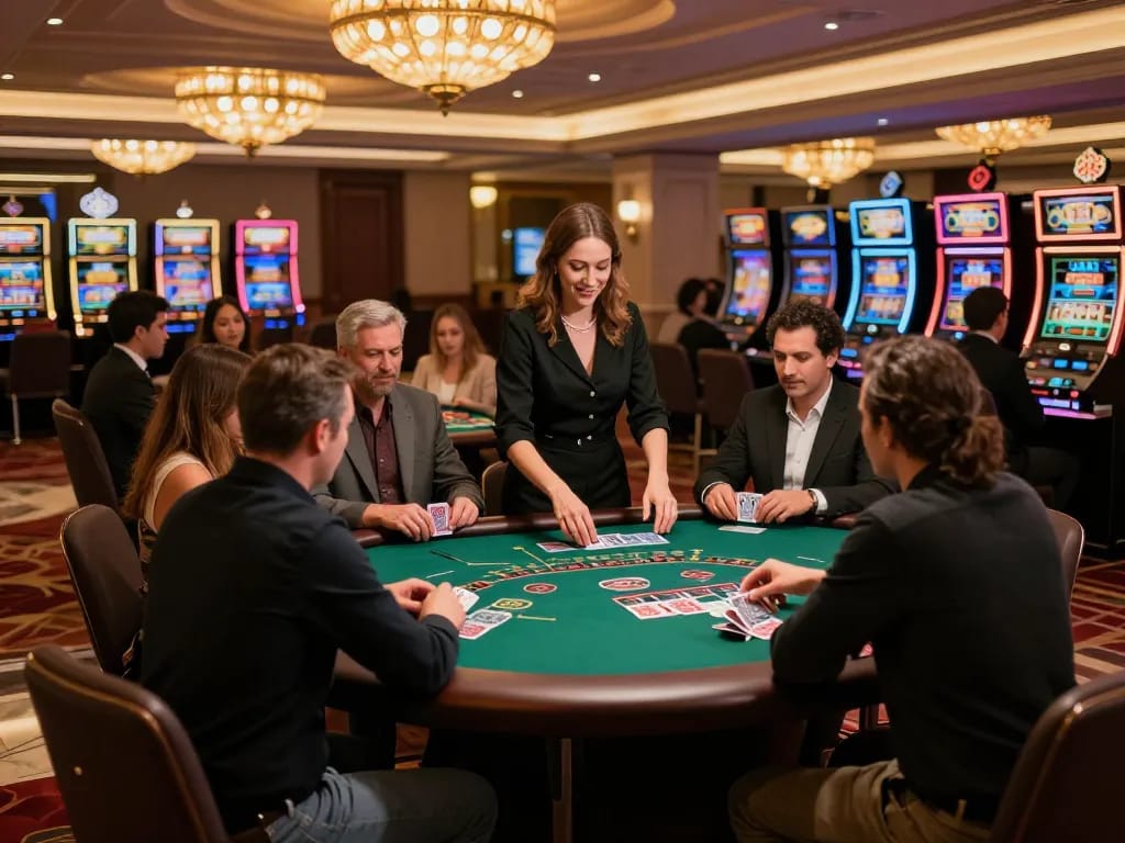 Players strategizing at a DU88 blackjack table in a luxurious casino, showcasing dynamic gameplay.