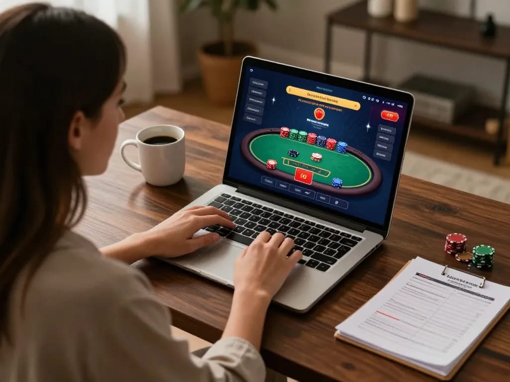 Player at VIP79 engaging in live blackjack with a laptop at home, showcasing strategic gameplay.
