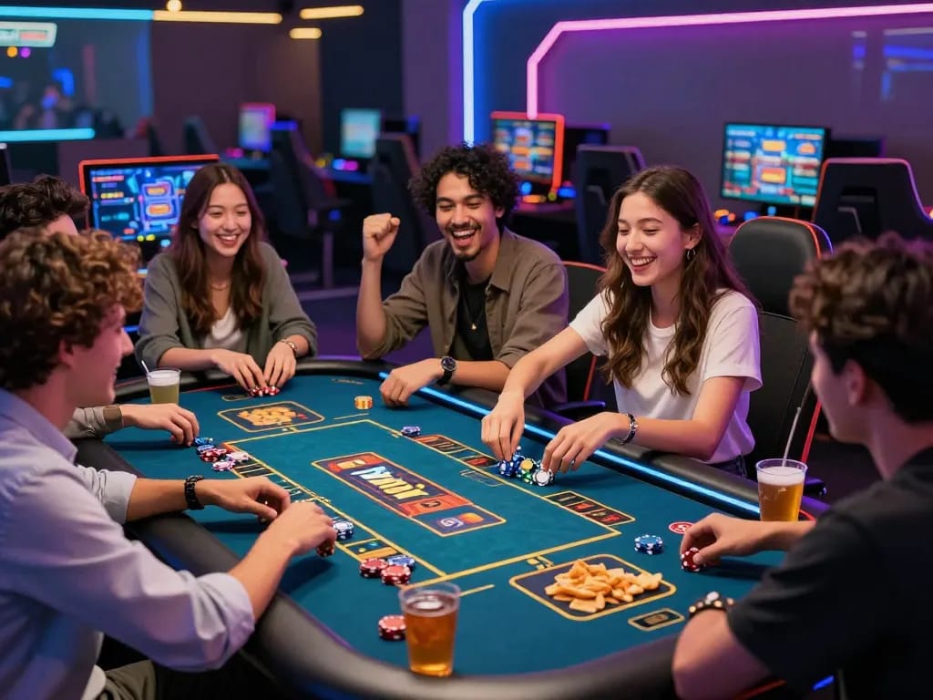 Exciting group of friends playing rikvip tài xỉu in a vibrant online casino setting with colorful graphics.