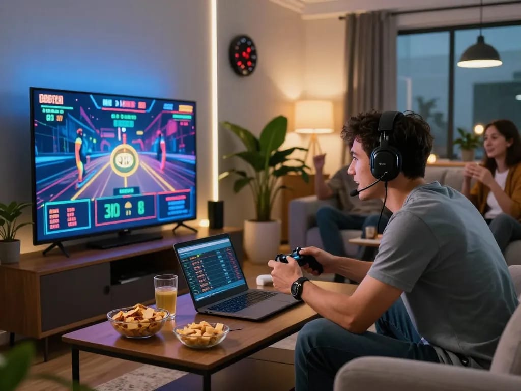 Engaged gamer enjoying online betting in a cozy living room, showcasing nhà cái uy tín.