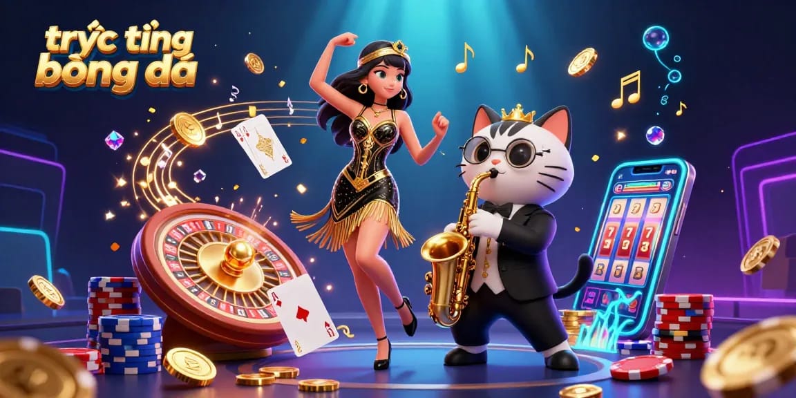 Experience trực tiếp bóng đá with lively scenes, coins cascading, and vibrant poker elements.