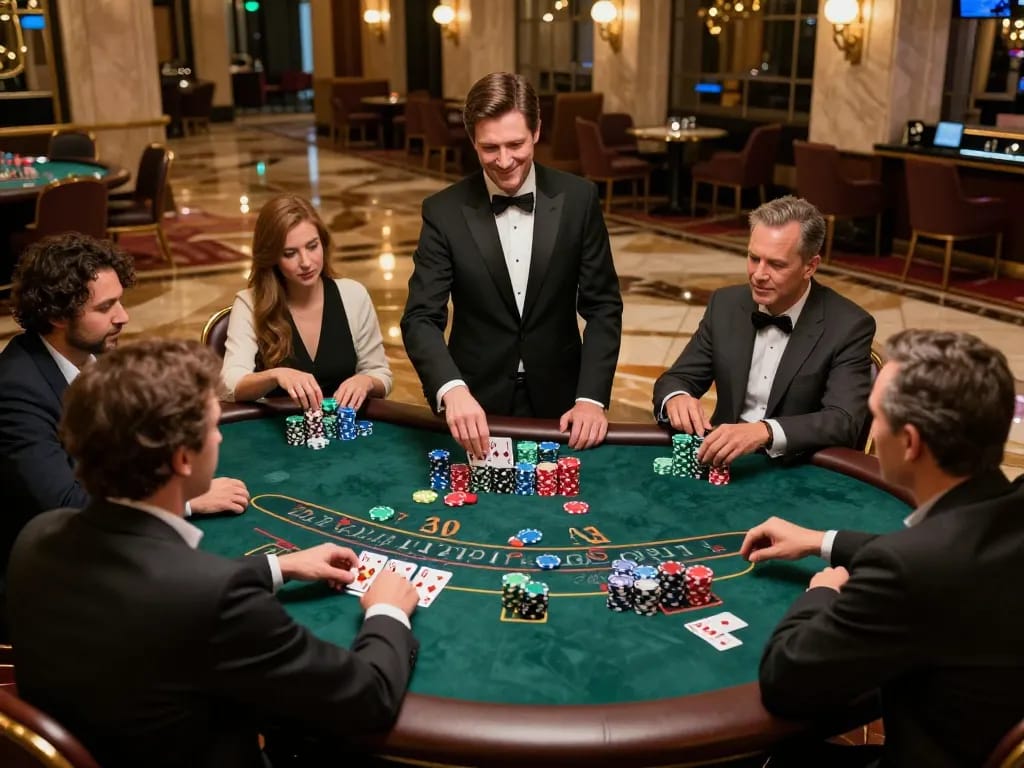 Hitclub blackjack game highlighting intense player focus and dealer action in an upscale casino.