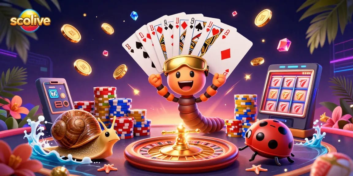 Watch socolive's engaging 3D casino scene featuring a millipede dealer, vibrant poker elements, and lively gaming action.