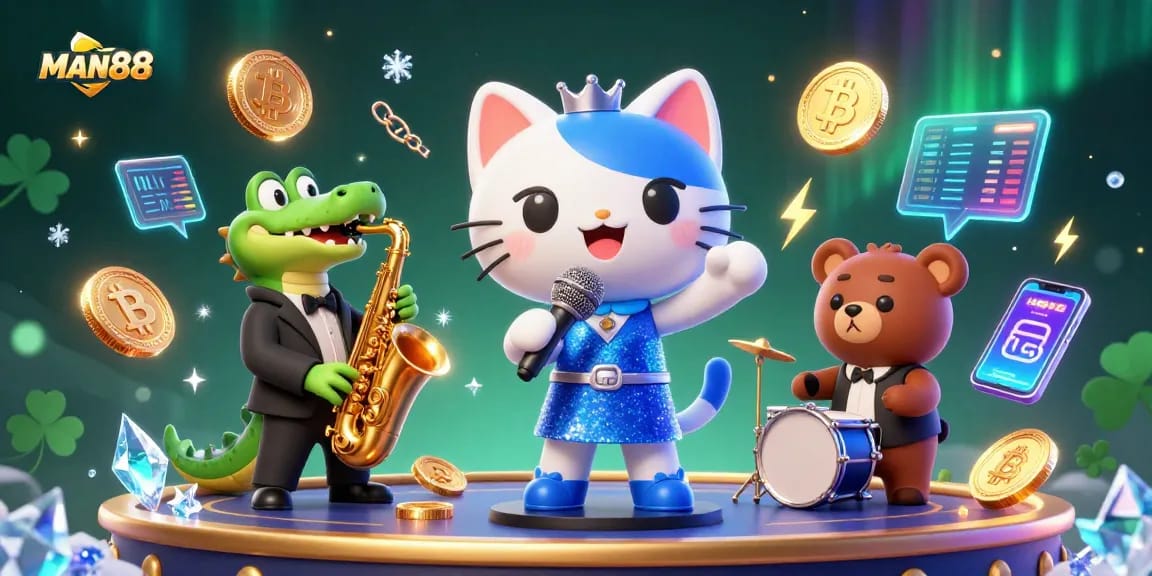 Experience the excitement of MAN88 with lively casino characters performing amidst glowing crypto elements.