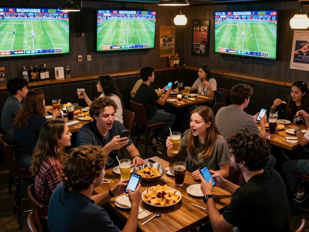 BONG88 users passionately placing bets during a live football match in a lively sports bar atmosphere.