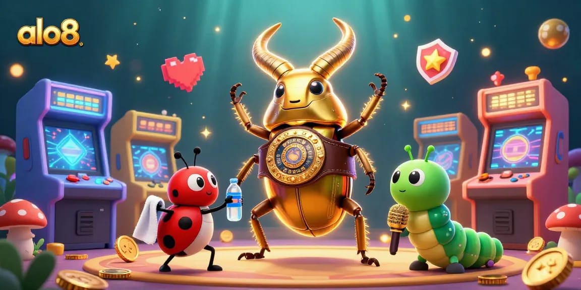 A vibrant gaming scene where players win big at alo8, featuring a dynamic boxing beetle champion and gaming elements.