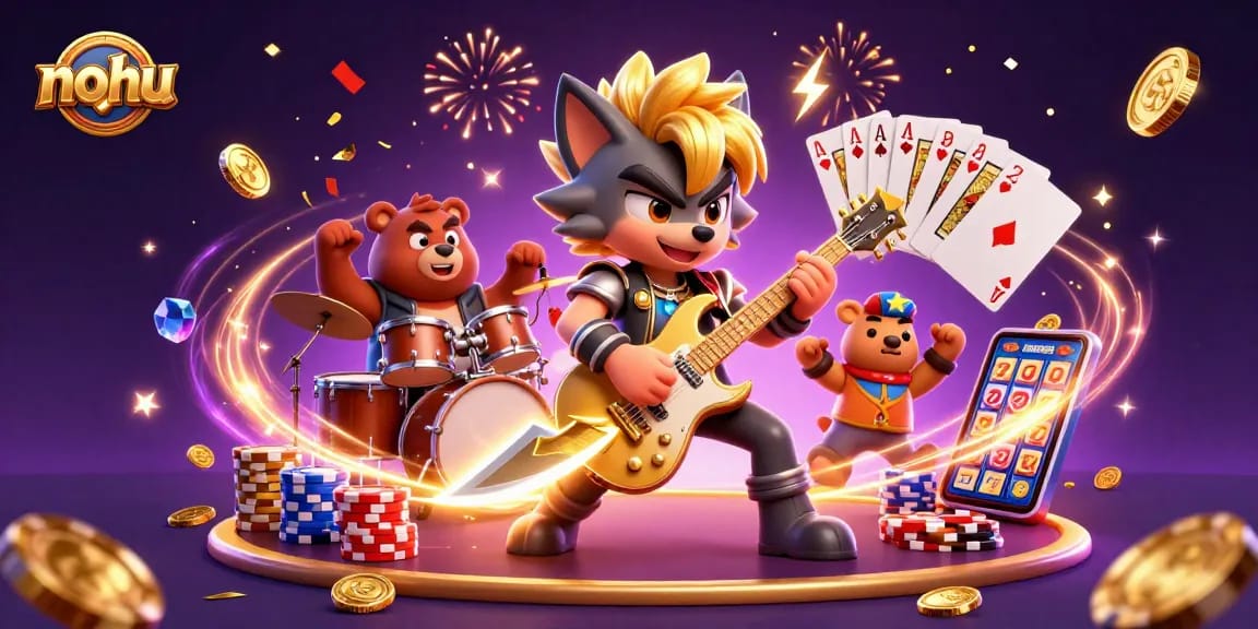 Nohu showcases a vibrant casino stage with a rock star wolf, a drummer bear, and colorful gambling elements.