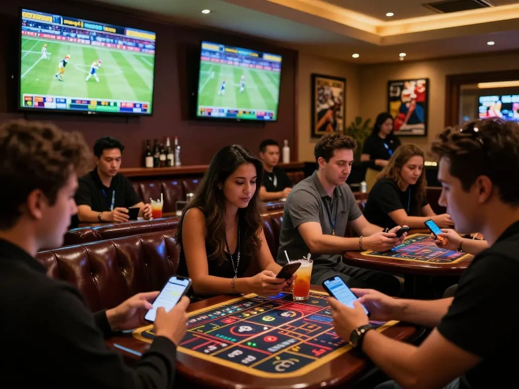 Experience the excitement at FIVE88's upscale sports betting lounge with patrons placing bets on live games.