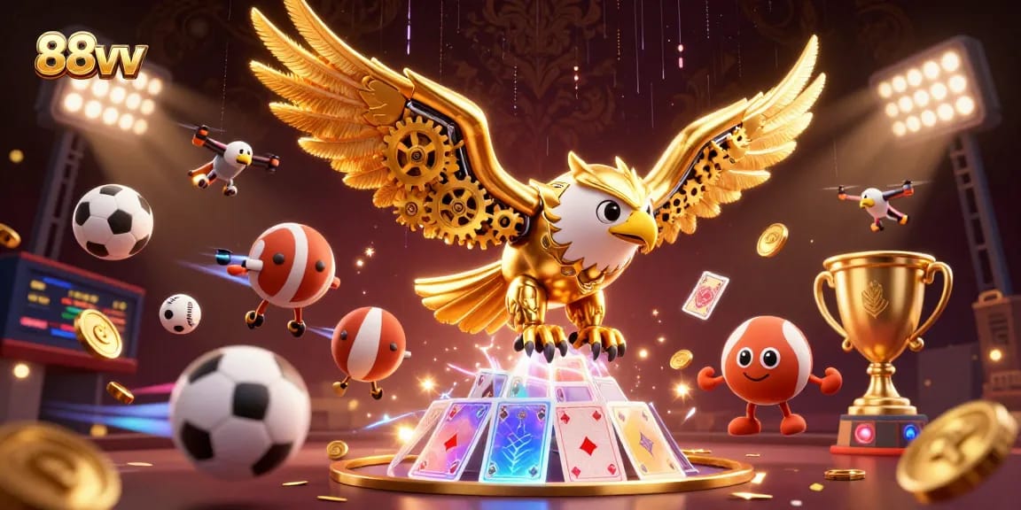 Experience the thrill of 88vv with a cybernetic golden eagle soaring through dynamic gaming elements.