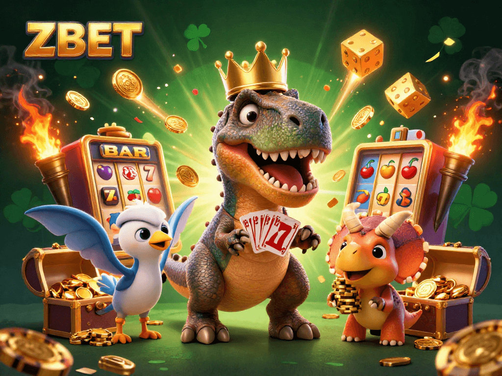 ZBET slots jackpot burst featuring T-Rex, pterodactyl, and triceratops in a vibrant casino scene