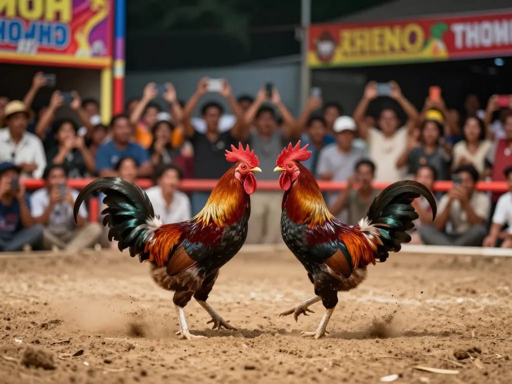 Engaging view of đá gà trực tiếp bên thomo with intense rooster clash surrounded by cheering crowd.