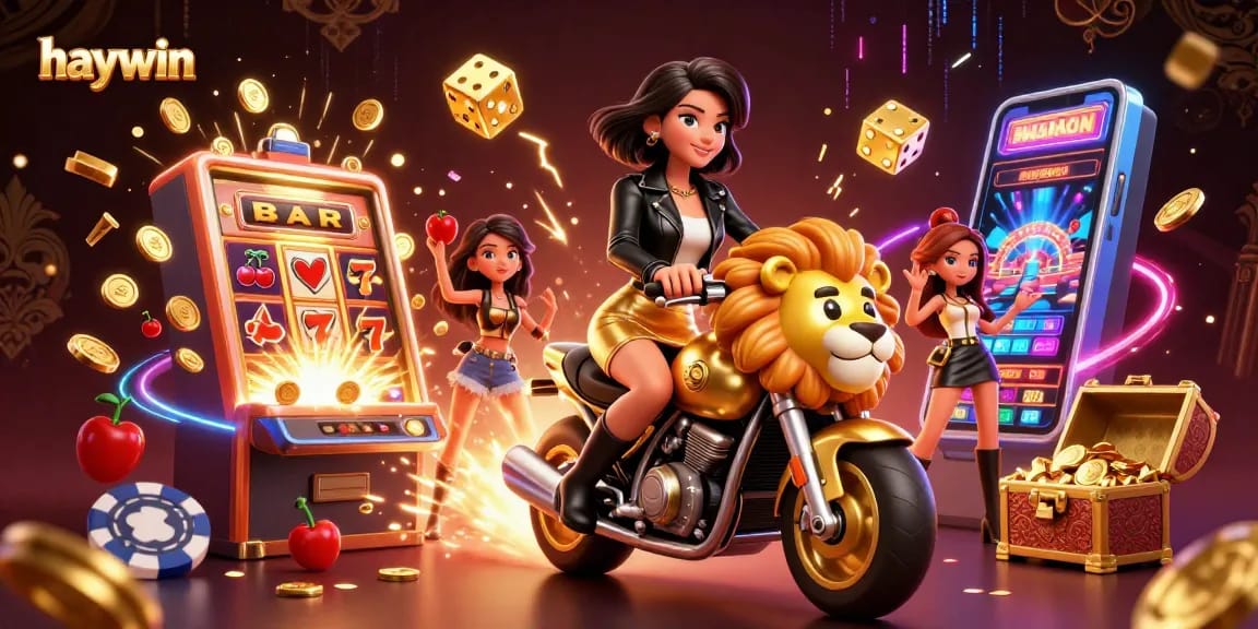 Win big at haywin with colorful slot machines and a glamorous woman riding a gold lion.