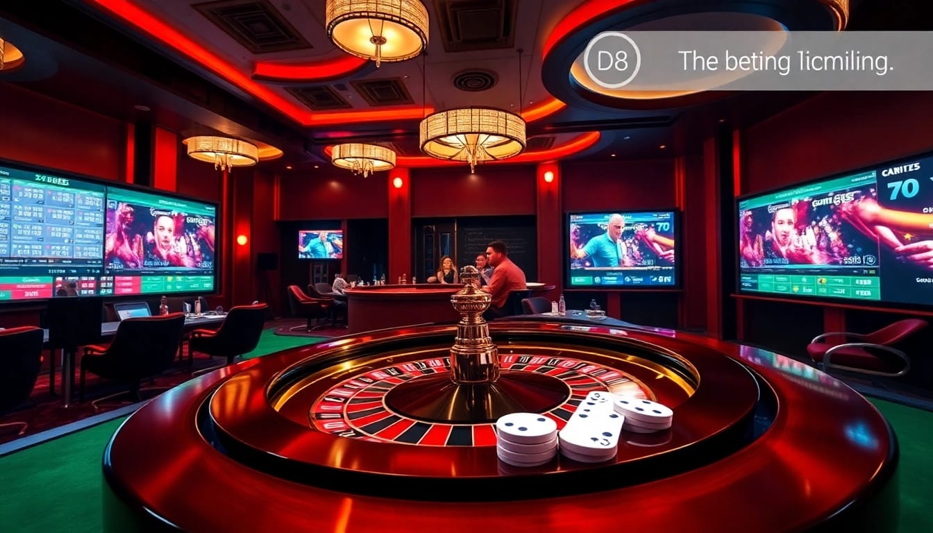 Experience the thrill of live betting at https://bj88daga.dev/ with an upscale gambling scene showcasing roulette and poker elements.