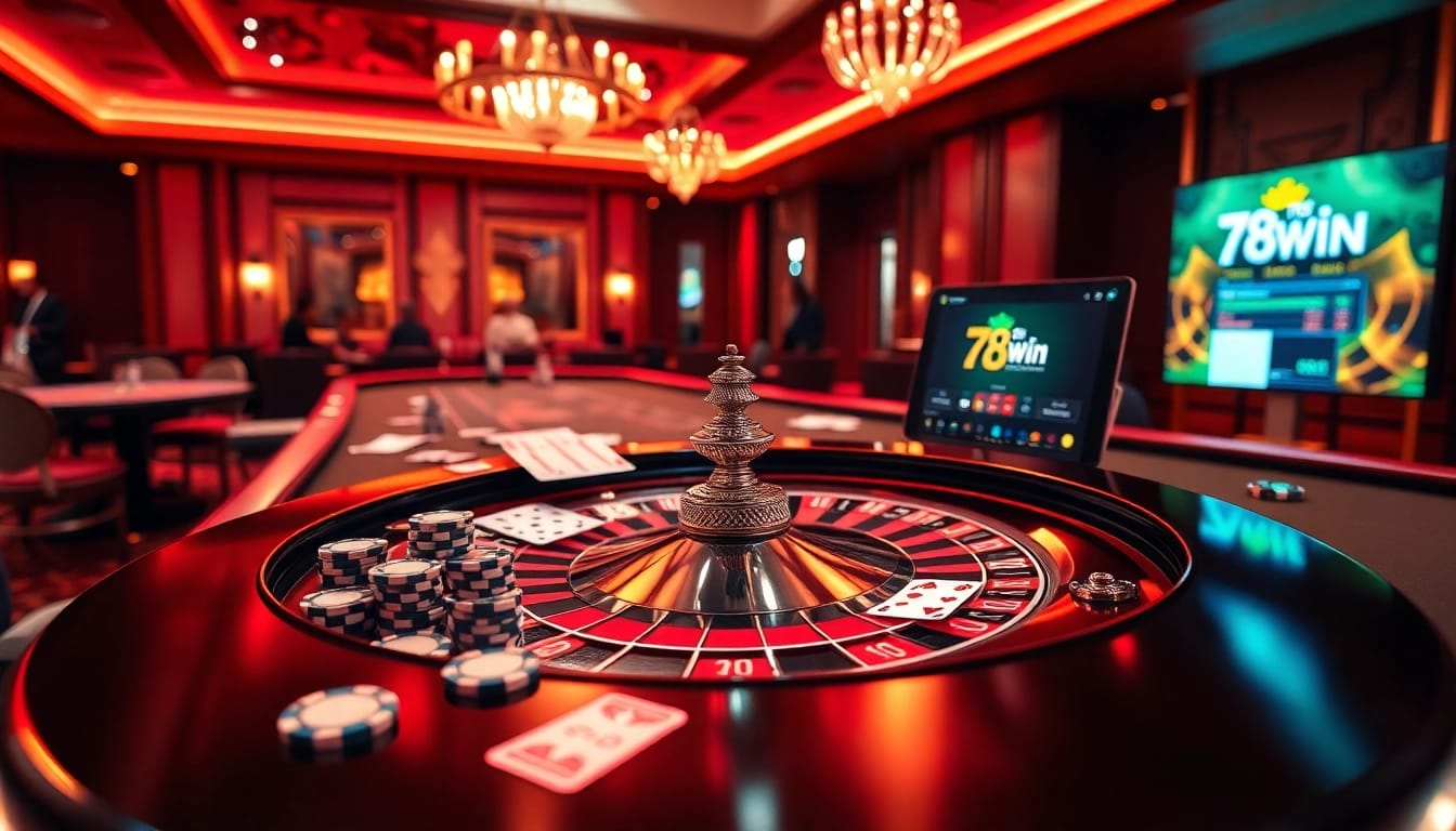 Experience thrilling gameplay at 78Win with vibrant casino visuals of roulette and poker chips.