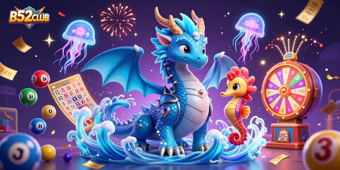 B52CLUB features vibrant 3D illustration of a water dragon and coral knight amidst exciting lottery elements.