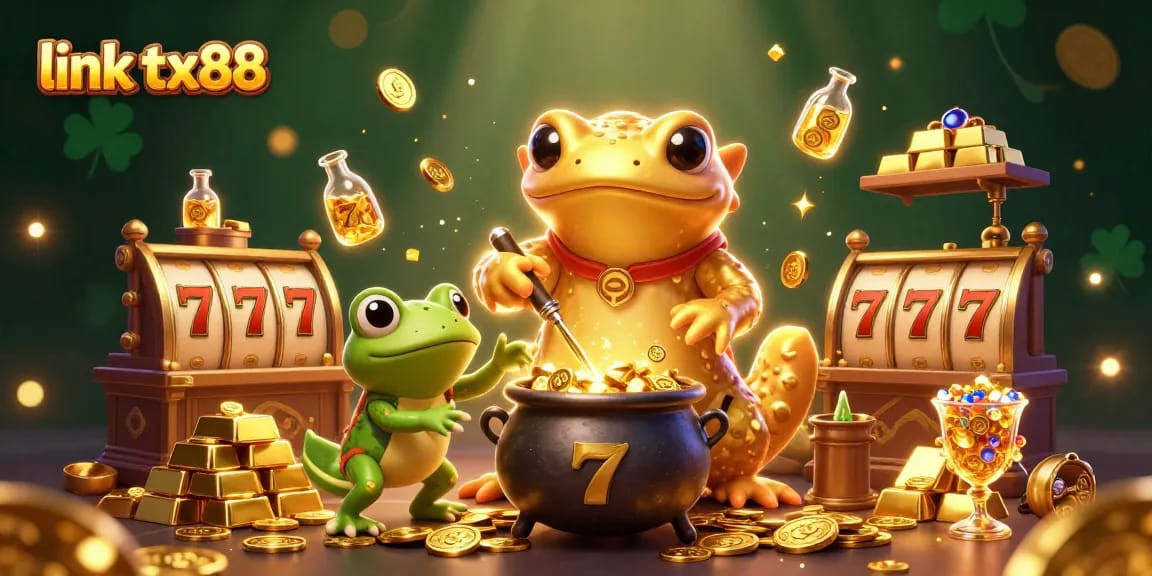 Spin slots with link tx88 featuring alchemist characters and overflowing gold treasures.