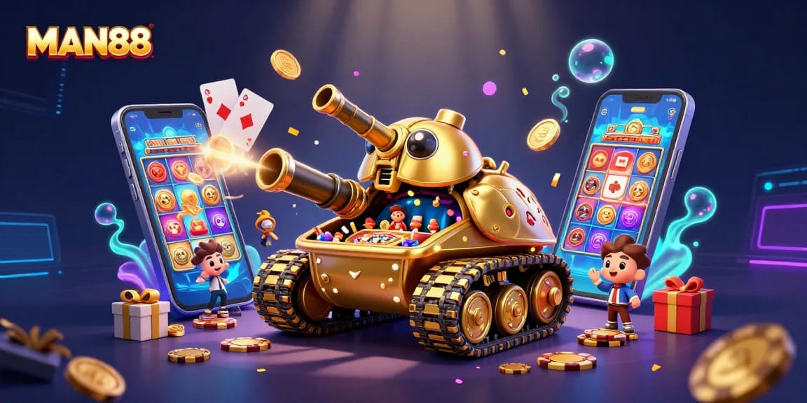 MAN88 captivates players with a vibrant casino scene inside a golden beetle tank, showcasing dynamic gameplay.
