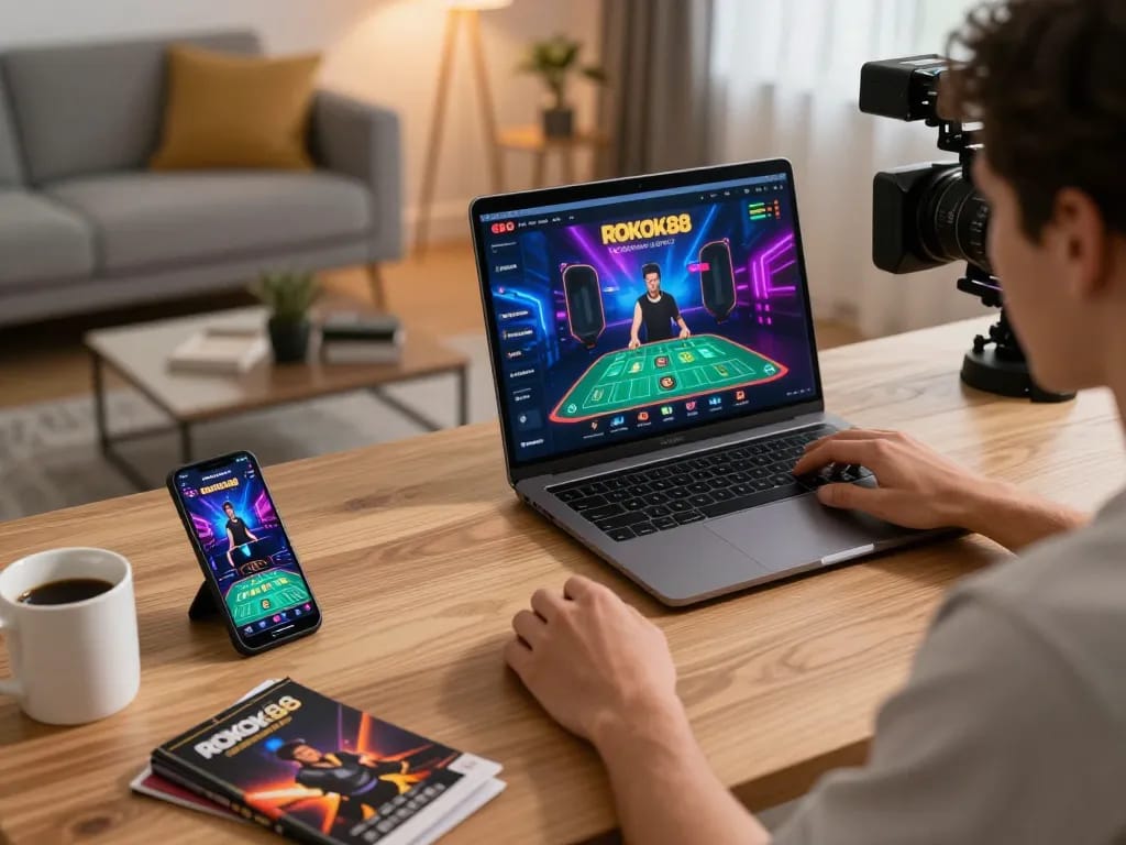 ROKOK88 gaming on smartphone and laptop, showcasing live dealer game with user engaging in strategy.