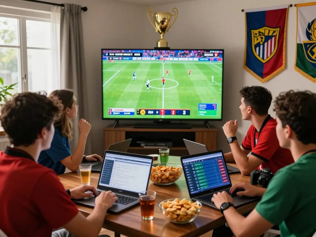 Friends enjoying kèo nhà cái updates while watching live football matches.