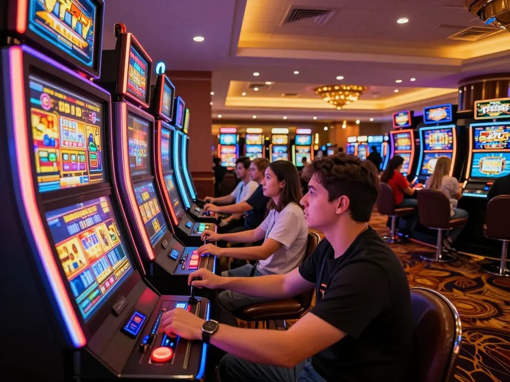 Players enjoying SLOT777 machines in an exciting casino environment, colorful lights and dynamic gameplay