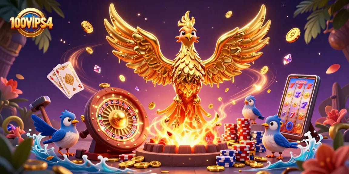 Experience thrilling moments with 100VIPS4 in a vibrant, dynamic casino world illustrated in 3D.
