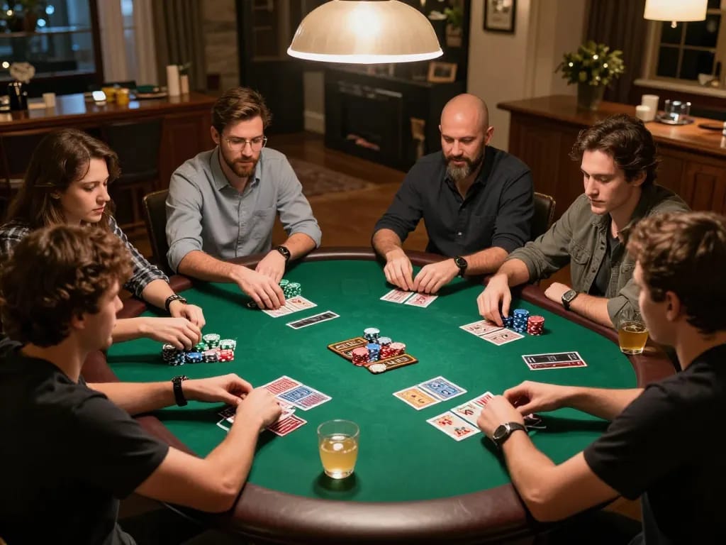 Engaged players at a poker table strategizing their next move with 7me app resources on hand