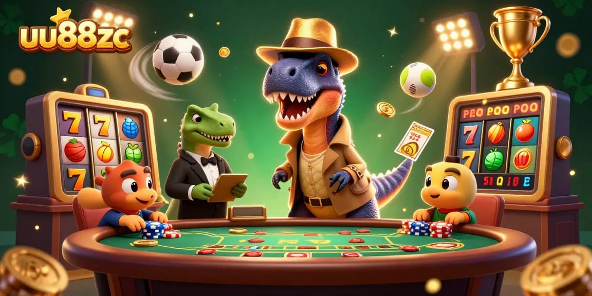 Bet at the dynamic uu88zc casino featuring a velociraptor card counter at a blackjack table amidst thrilling slot game elements.
