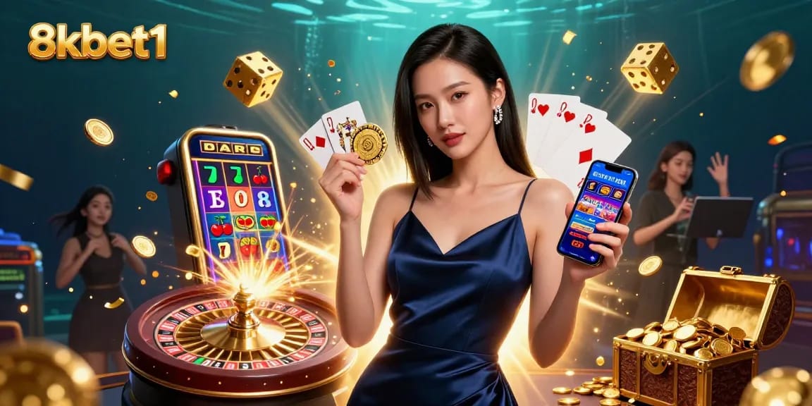 Play exciting casino games at 8xbet1, featuring stunning visuals of winners and jackpots in a dynamic scene.