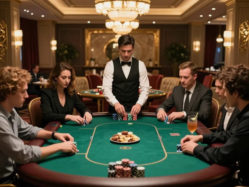 Poker players engaging strategically at vipwin.com upscale casino table, chips stacked, warming ambiance elevating the experience.