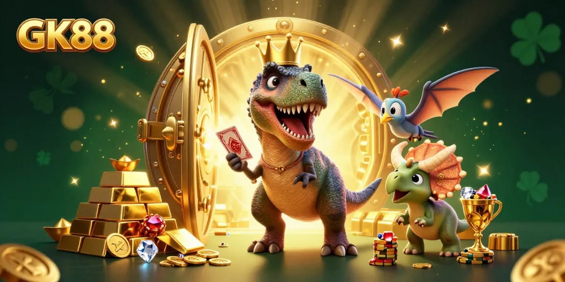 Engage in GK88's lively casino scene with a T-Rex shuffling cards and a baby triceratops stacking chips.
