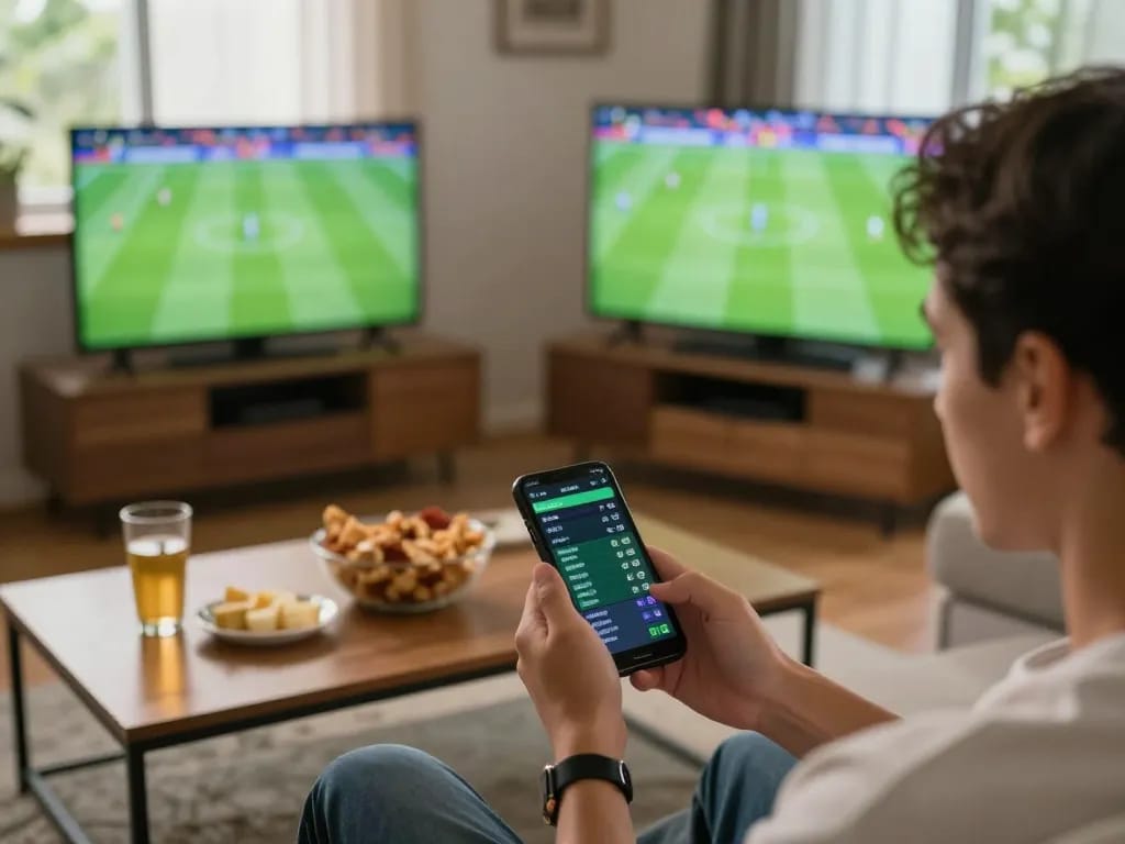 Betting with soccer tips on a mobile app during a live match in an engaging home setting.