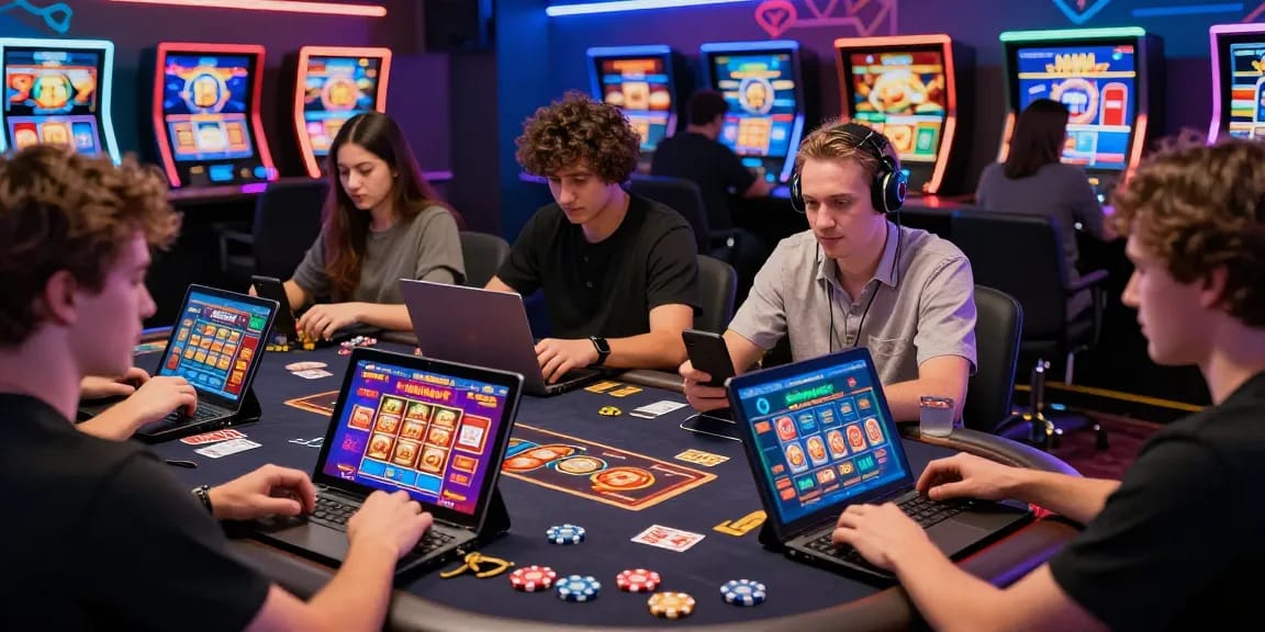 Exciting scene of players engaging in non UK casino games in a vibrant lounge.