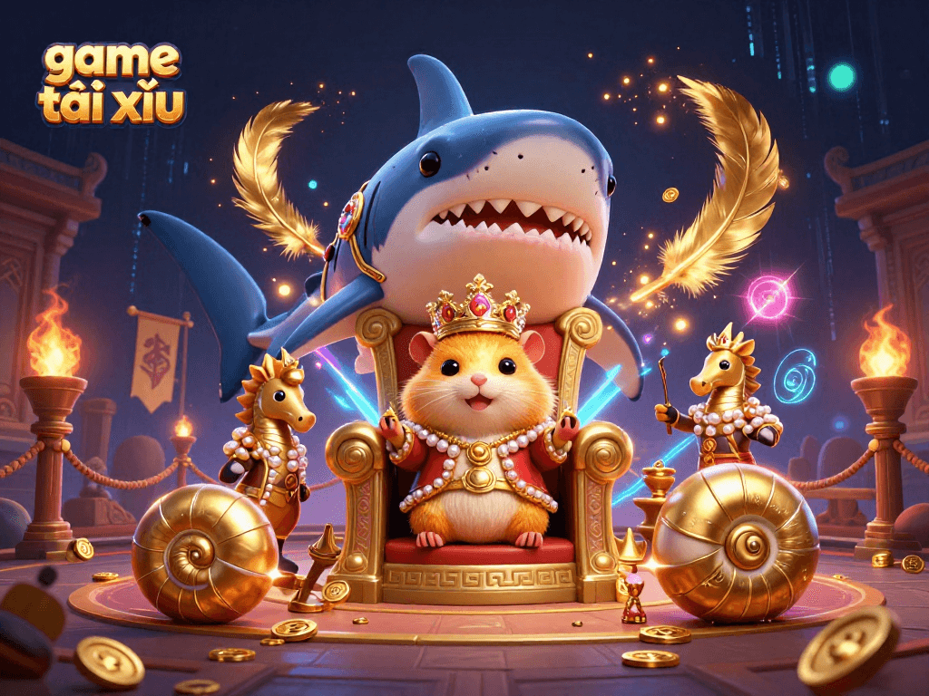 Engage in game tài xỉu with a fierce hamster king, surrounded by treasure and vibrant casino elements.