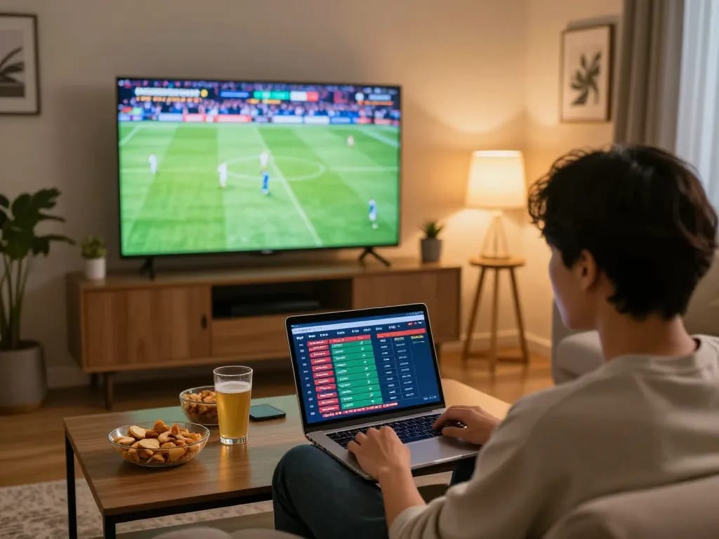 Socolive app interface displayed on laptop while enjoying live soccer match at home.