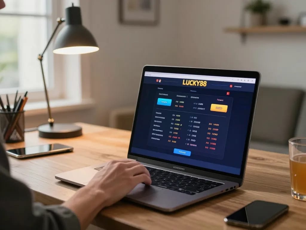 LUCKY88 online gaming interface displayed on a laptop, highlighting user engagement in a stylish home setup