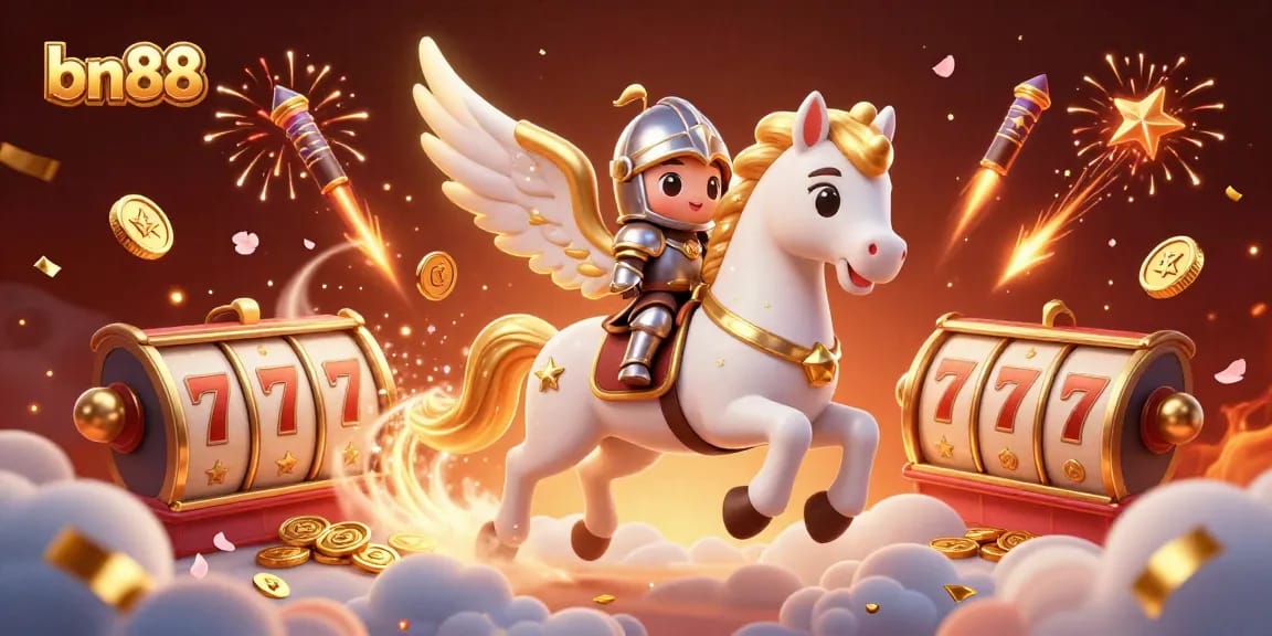 Experience the thrill with bn88 as a celestial horse leads to jackpot wonder in a captivating casino scene.