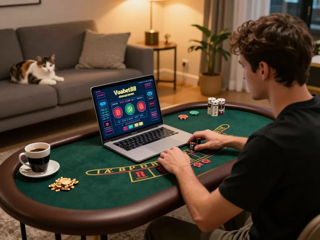 Streaming live baccarat at home while Vuabet88 đăng nhập on a laptop for online gaming