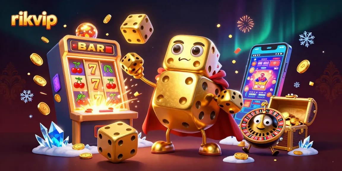 Experience excitement at rikvip with a dynamic casino-themed illustration featuring golden dice and vibrant slot machines.