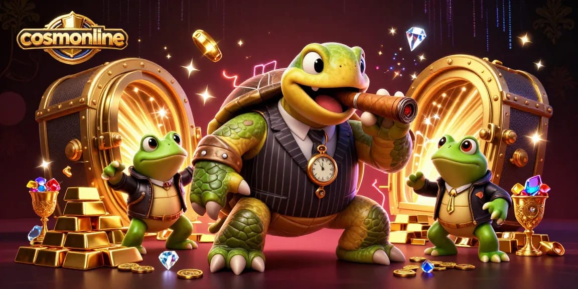 Experience the luxurious world of cosmonline with a lively casino scene illustrating a snapping turtle mobster and bullfrog enforcers.