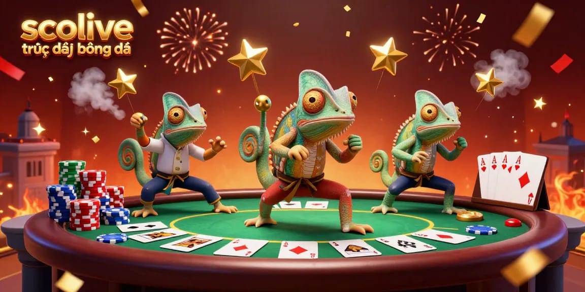 Socolive trực tiếp bóng đá scene showcasing chameleons and poker elements celebrating with vibrant confetti during a thrilling game.