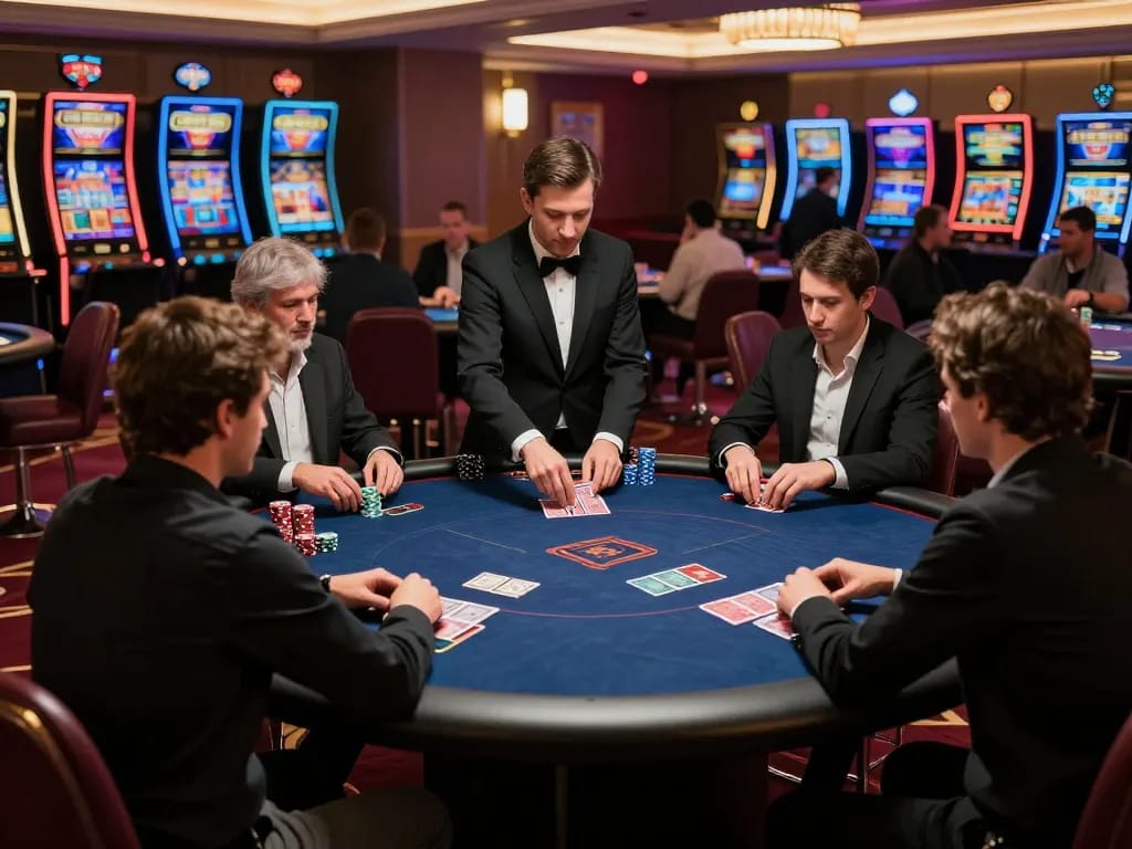 MAY88 live poker game with players strategizing at high-stakes table in upscale casino.
