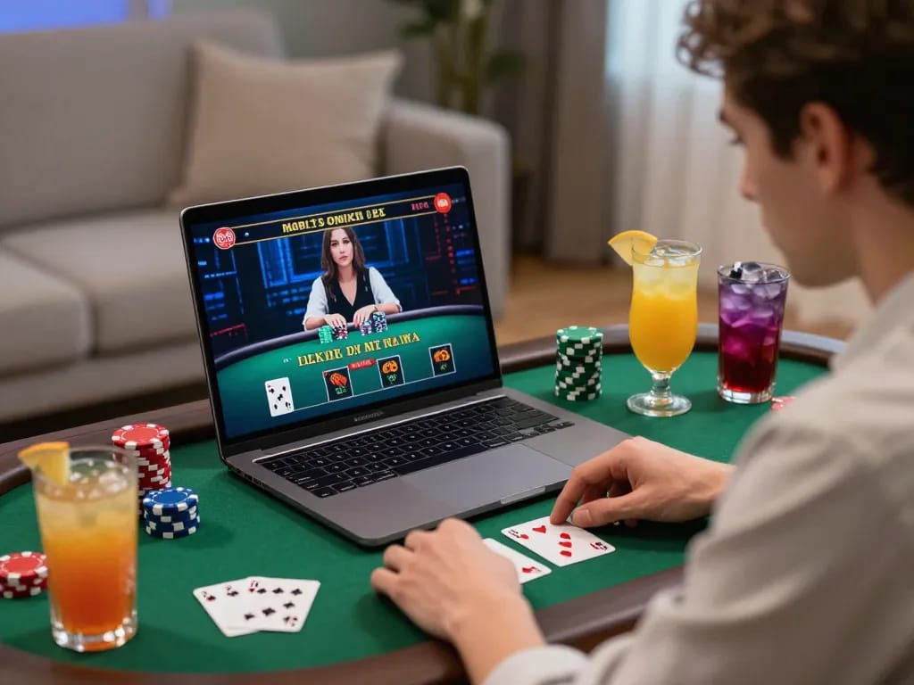 Engaged player using KU88 for live dealer gaming at home, surrounded by casino decor, emphasizing responsible gambling.